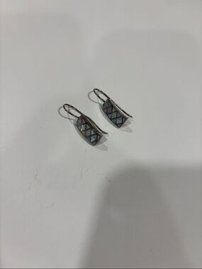 Silver Drop Earrings with Blue Opalescent Inlay